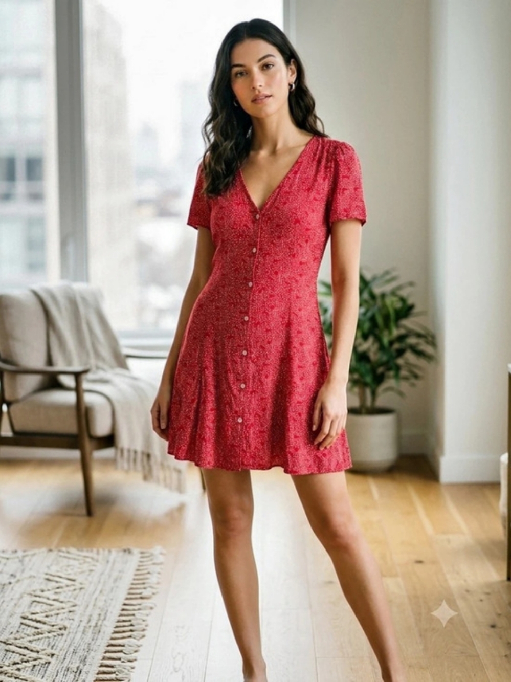Universal Thread Short-Sleeve Button-Front Mini Dress Floral Red Medium
